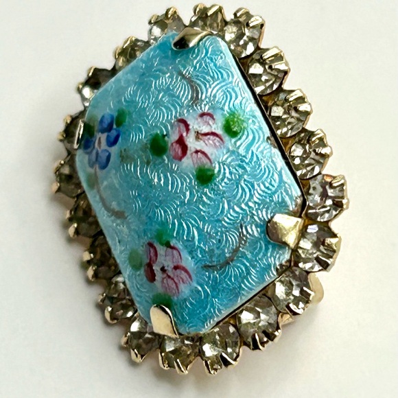 Vintage Guilloche Mid Century Rectangular Enamel Rhinestone Pin Blue Small 50’s - Picture 9 of 14